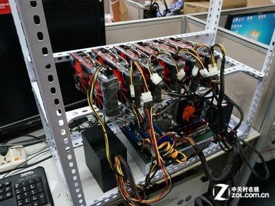 Close-up of a powerful GPU mining rig